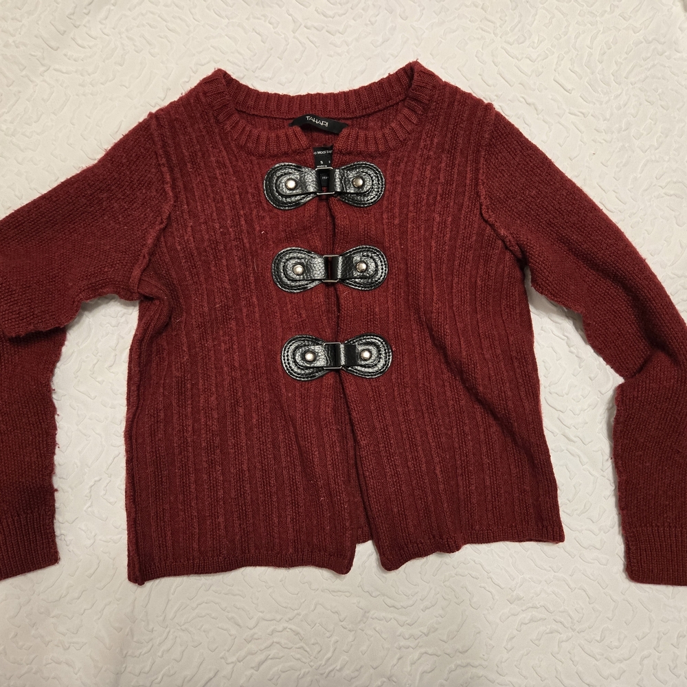 Tahari Red Sweater with Decorative Clasps